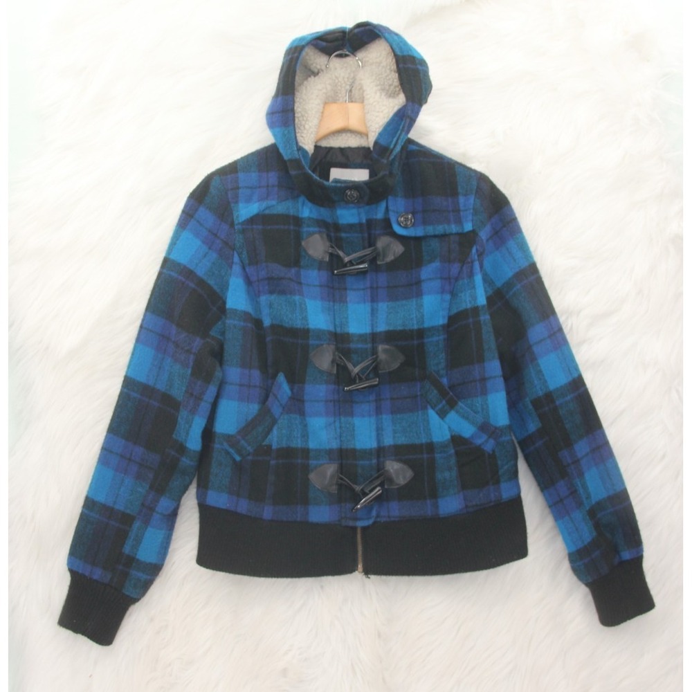 Delia's Blue Plaid Sherpa Lined Hood Vintage Y2K Bella Swan Elania Coat Jacket M